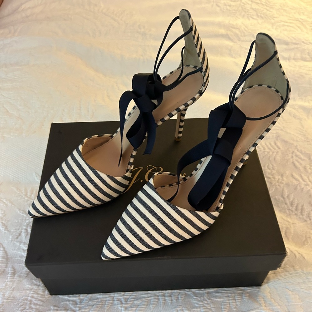 J.Crew Elise Fabric Pumps with Bow, Leather lined, Italy, Navy/Ivory